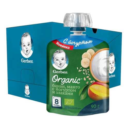 Пюре фруктово-йогуртное Gerber Organic Банан, манго с йогуртом и злаками 90г 16шт в Гулливер